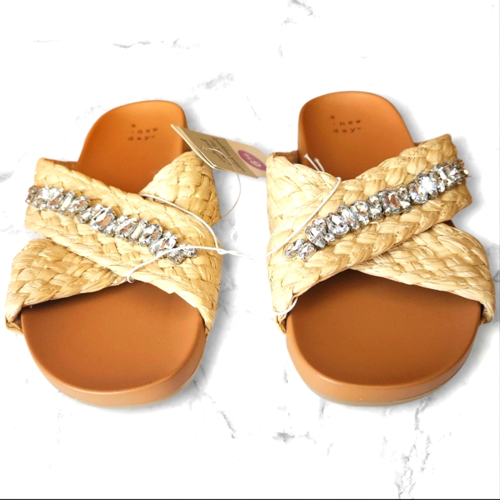 A New Day Beige Woven Sandals with Rhinestone Detail- Size 6.5- NWT